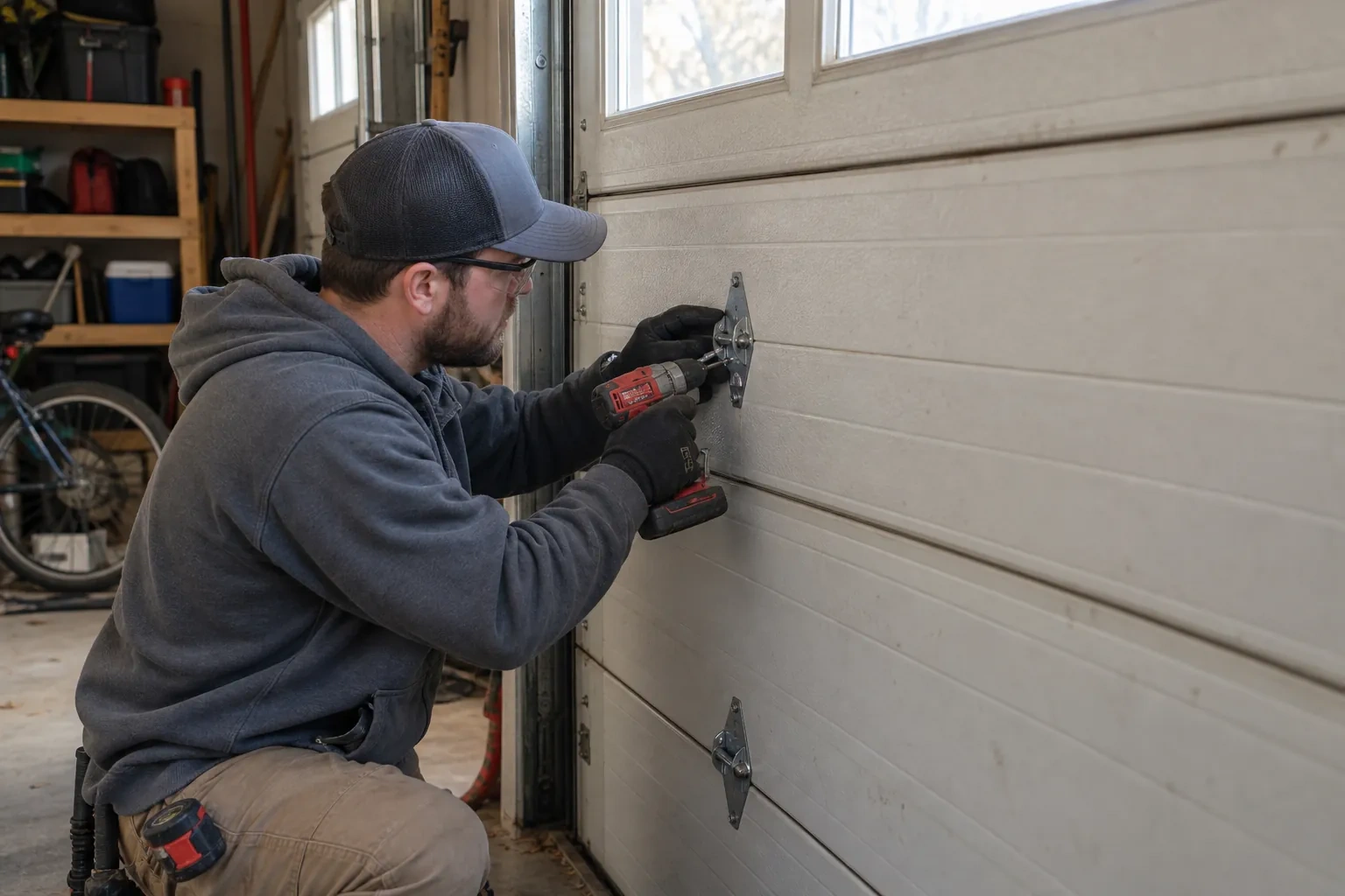 Technician kneeling in a blue cap, fastening a metal hinge plate to a gray ribbed door panel with a red drill.