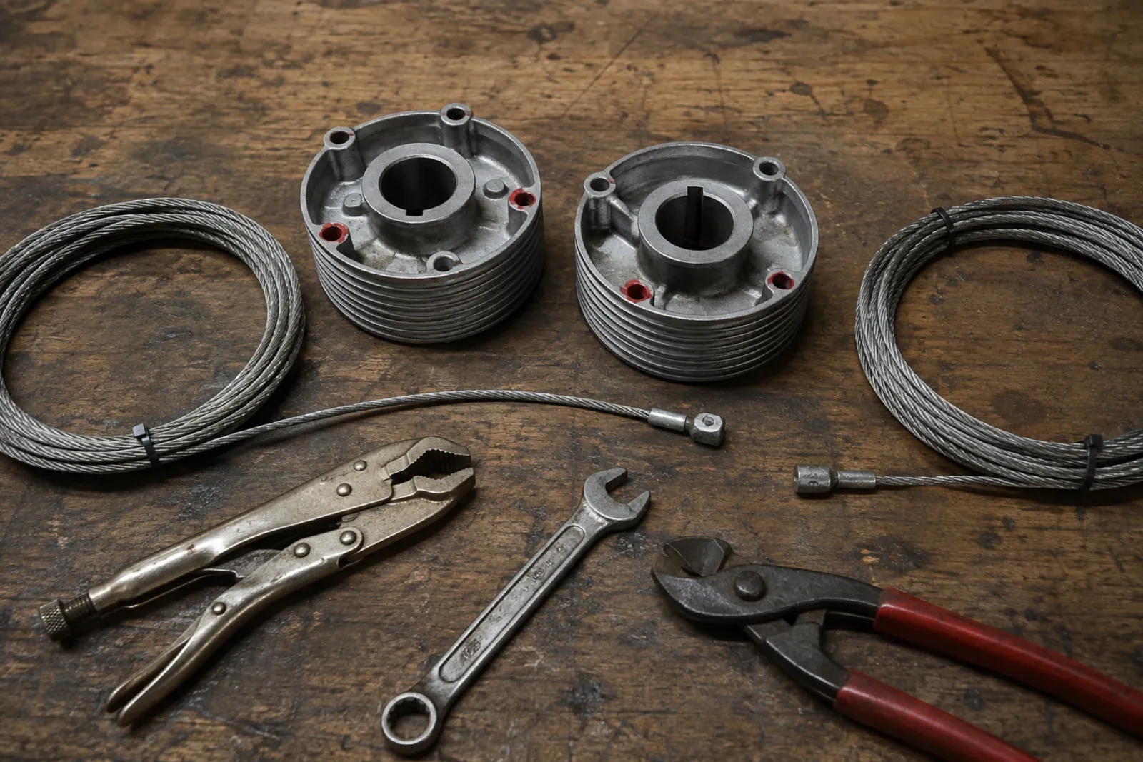 Pair of cast metal cable drums, two coiled steel cables, locking pliers, a combination wrench and red-handled cutters on a wooden bench. — Cayuga