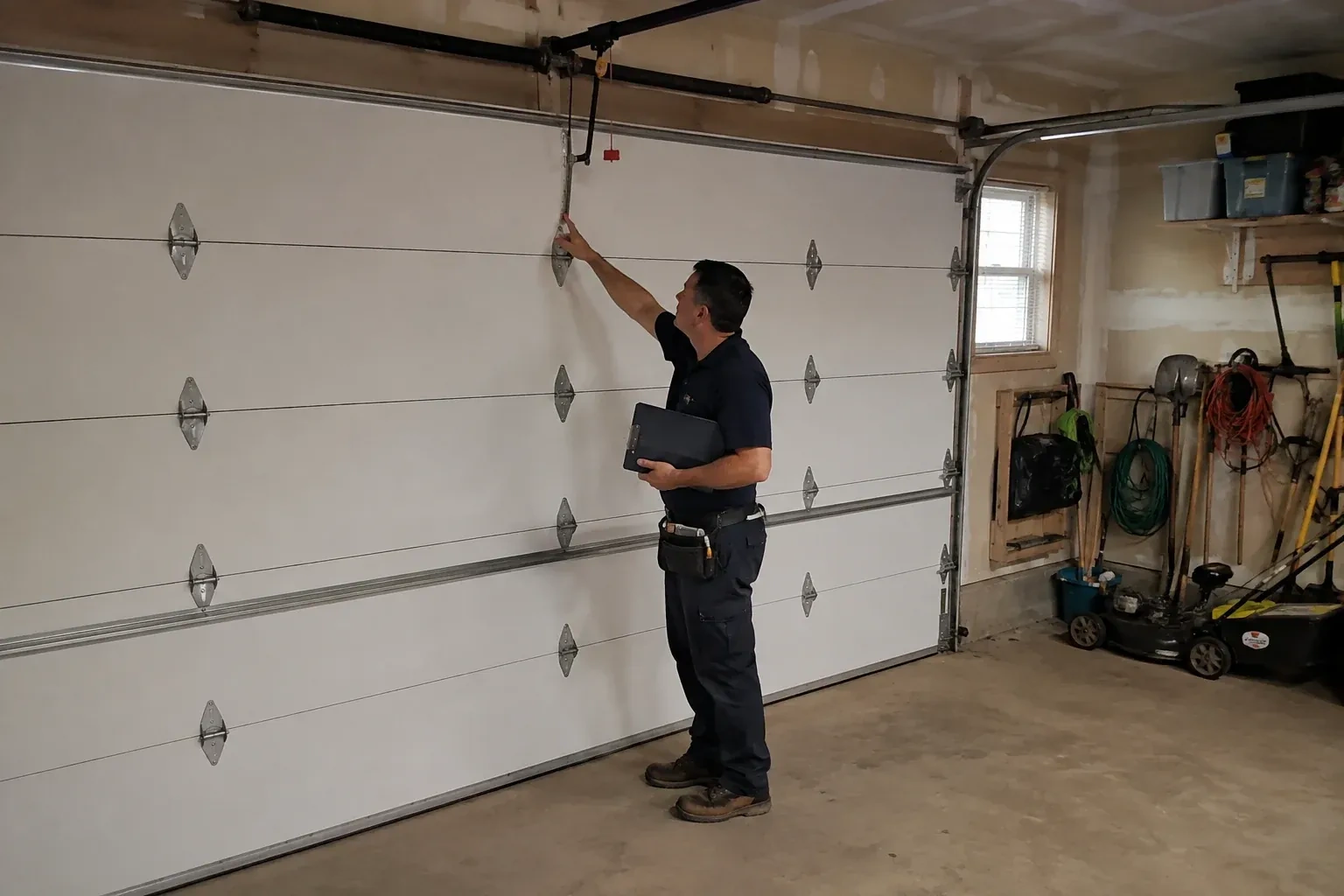 A person holding a clipboard examines the interior hardware of a closed garage door. — Garage Door Tune-Up, Haldimand County
