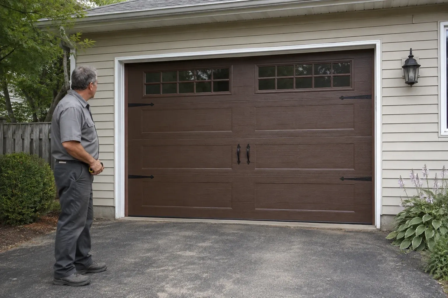 A person stands beside a closed brown garage door with upper windows and black decorative straps and handles. — Carriage-House Garage Door Installation, Haldimand County