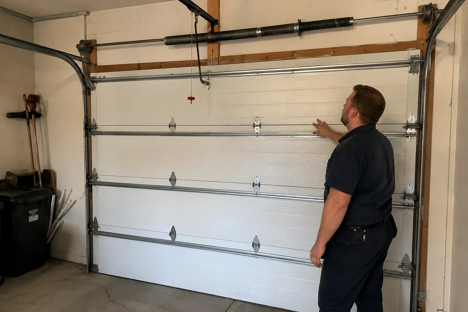 A person stands beside a closed sectional door beneath its overhead spring assembly. — Garage Door Balance Adjustment, Haldimand County