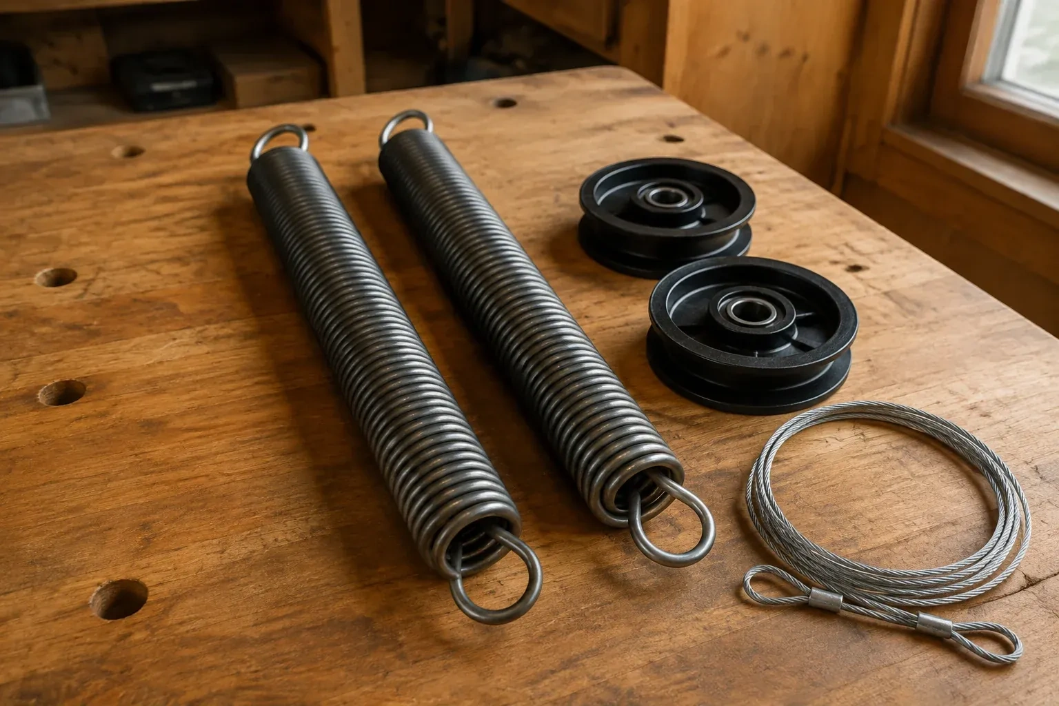 Two coiled extension springs with looped ends, two black pulleys and a loop of steel cable on a worn wooden workbench. — Extension Spring Replacement, Haldimand County