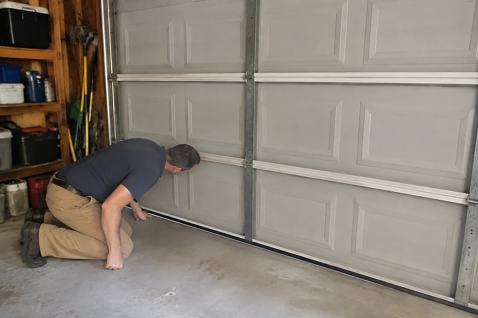 Person kneeling with a hand at the base of a gray paneled door that has a black strip along its bottom. — Garage Door Perimeter Weatherstrip, Haldimand County