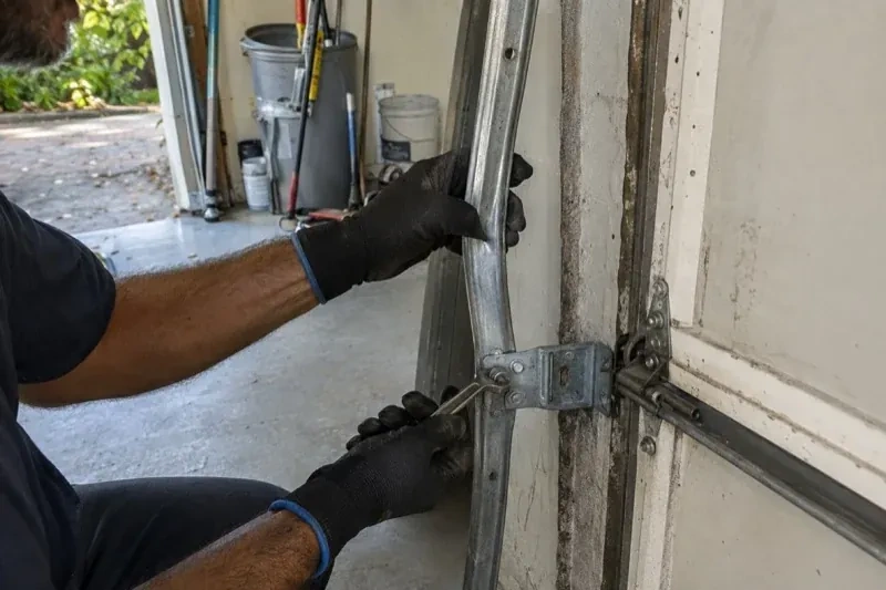 Gloved hands holding a vertical garage-door track and a wrench at its mounting bracket beside a door hinge. — Garage Door Track Repair or Replacement, Haldimand County