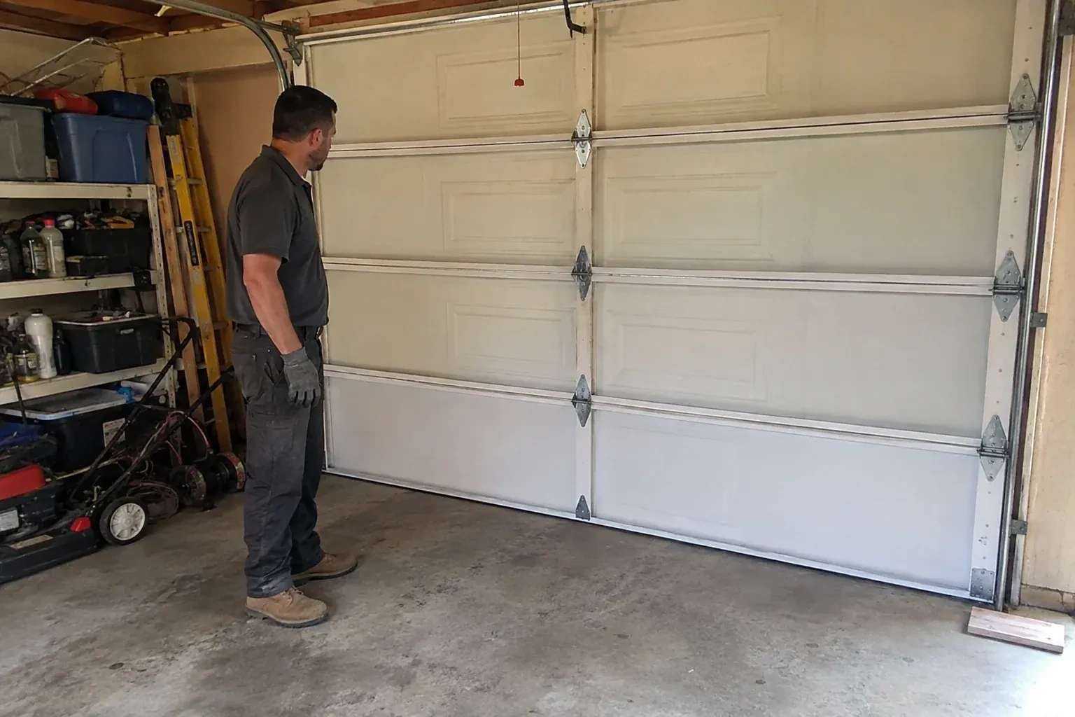 A person examines the interior panels and hinges of a closed sectional garage door. — Garage Door Panel Replacement, Haldimand County