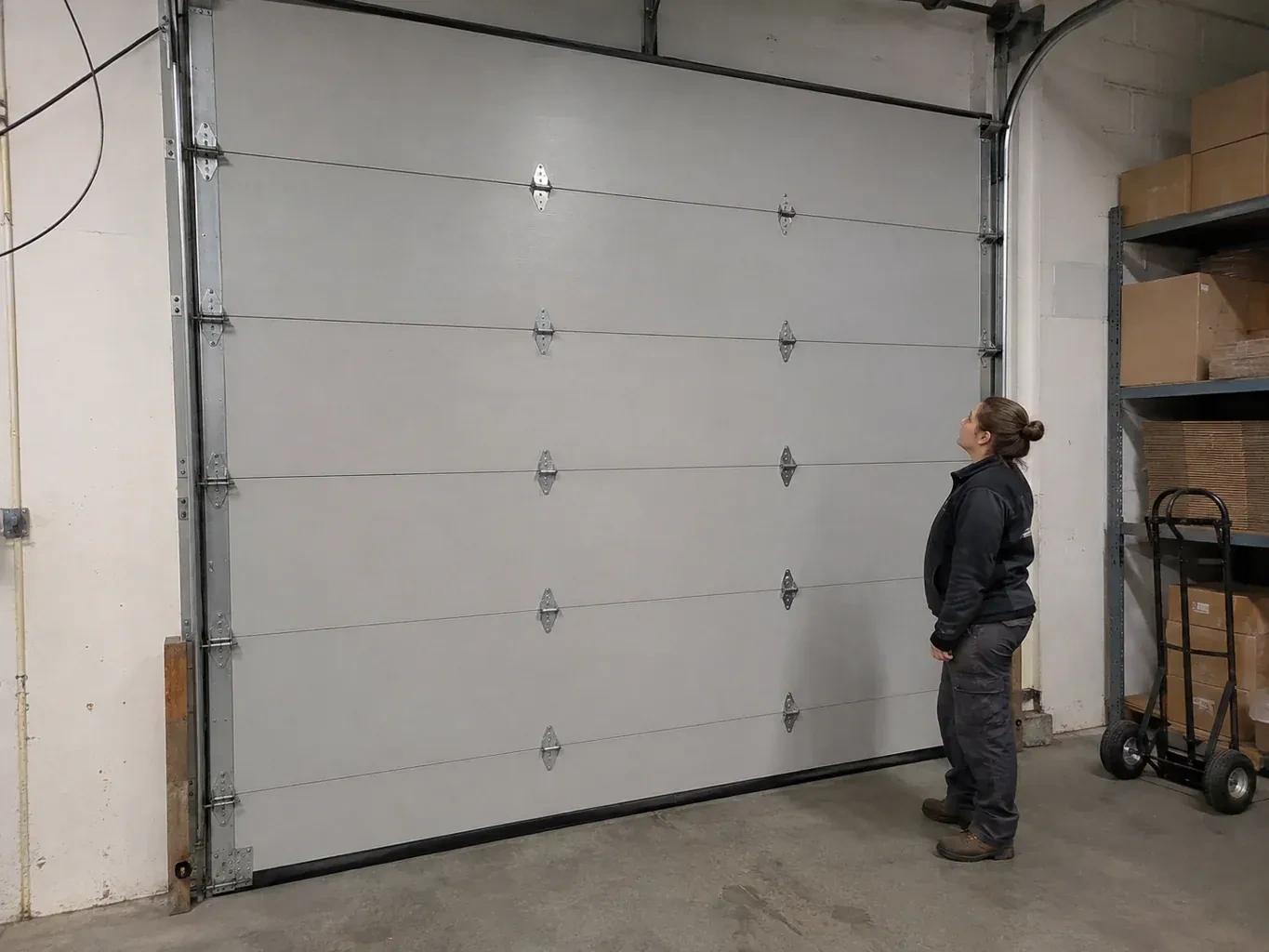 A person looks at a tall closed sectional door with broad panels, hinges and side tracks in a warehouse. — Commercial Sectional Door Repair, Haldimand County