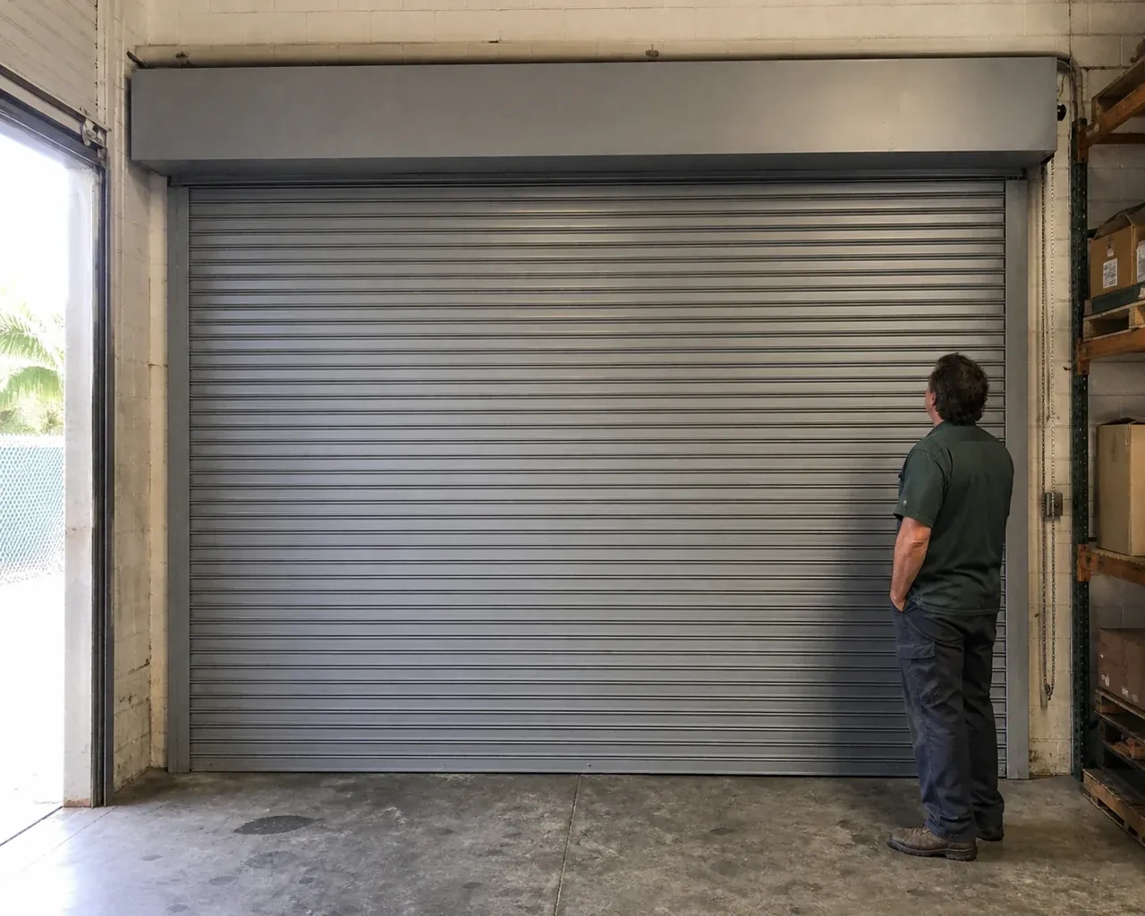 A person examines a closed metal rolling door with narrow horizontal slats, side guides and an overhead hood in a warehouse. — Commercial Rolling Door Repair, Haldimand County