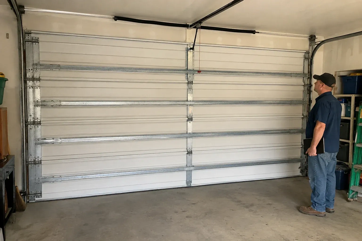 A person examines horizontal metal reinforcement members across the interior of a closed garage door. — Wind-Rated Garage Door Replacement, Haldimand County