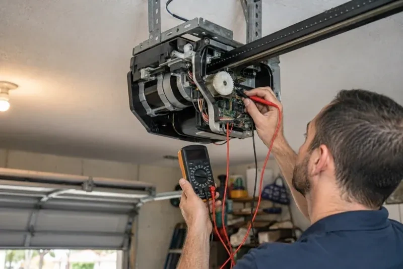 Person holding a multimeter and a red probe near the exposed circuit board of an overhead garage-door opener. — Garage Door Opener Diagnosis and Repair, Haldimand County