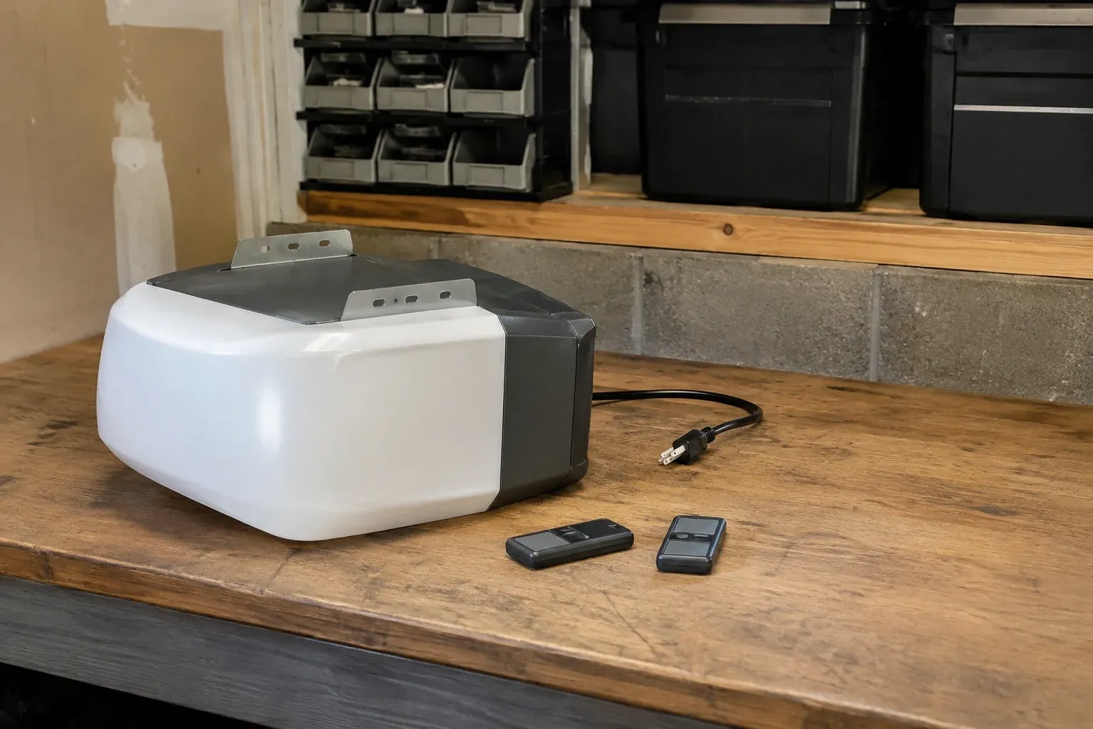 Detached opener housing and two remotes on a garage bench. — Garage Door Opener Replacement, Caledonia