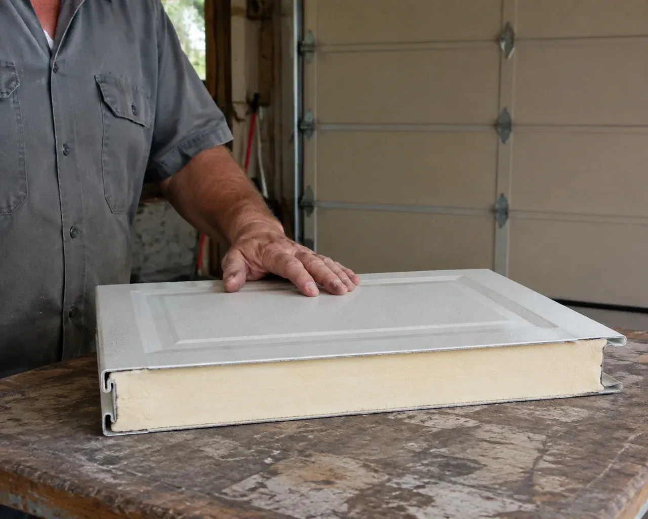 A panel sample exposes a cream foam core between thin metal faces on a garage workbench. — Insulated Steel Garage Door Installation, Haldimand County