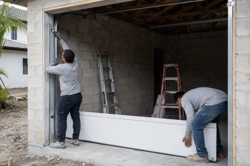 Two people positioning a white garage-door panel and side track in an unfinished masonry garage. — New-Construction Garage Door Installation, Haldimand County