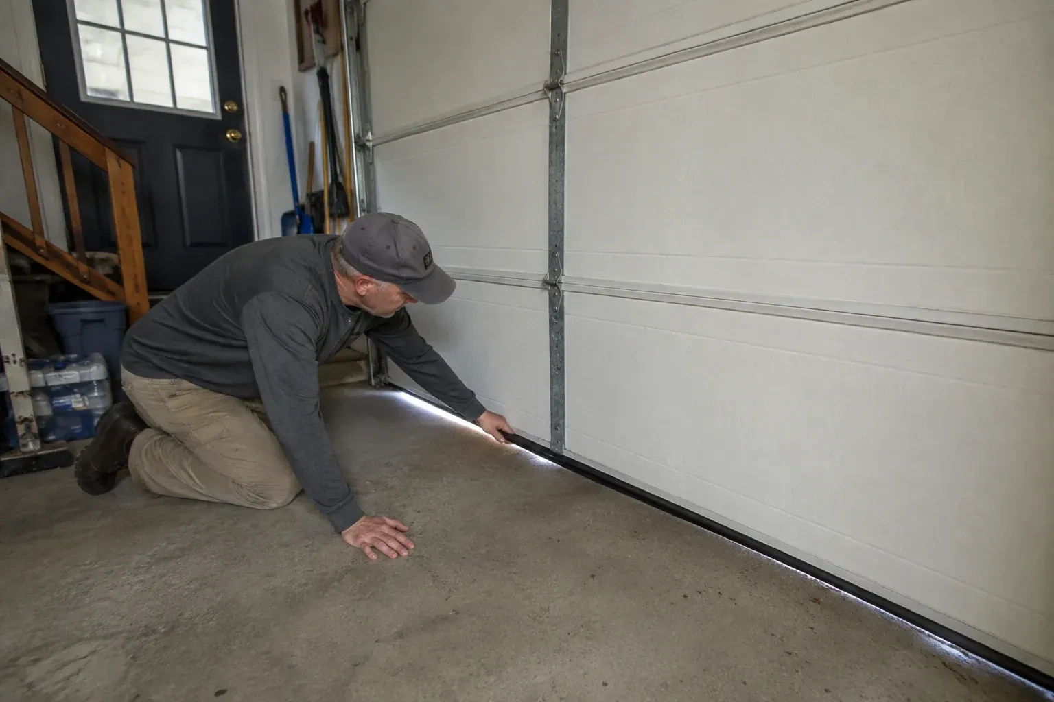 A person kneels beside the black bottom seal of a garage door, with daylight visible beneath the edge. — Garage Door Bottom Seal Replacement, Haldimand County
