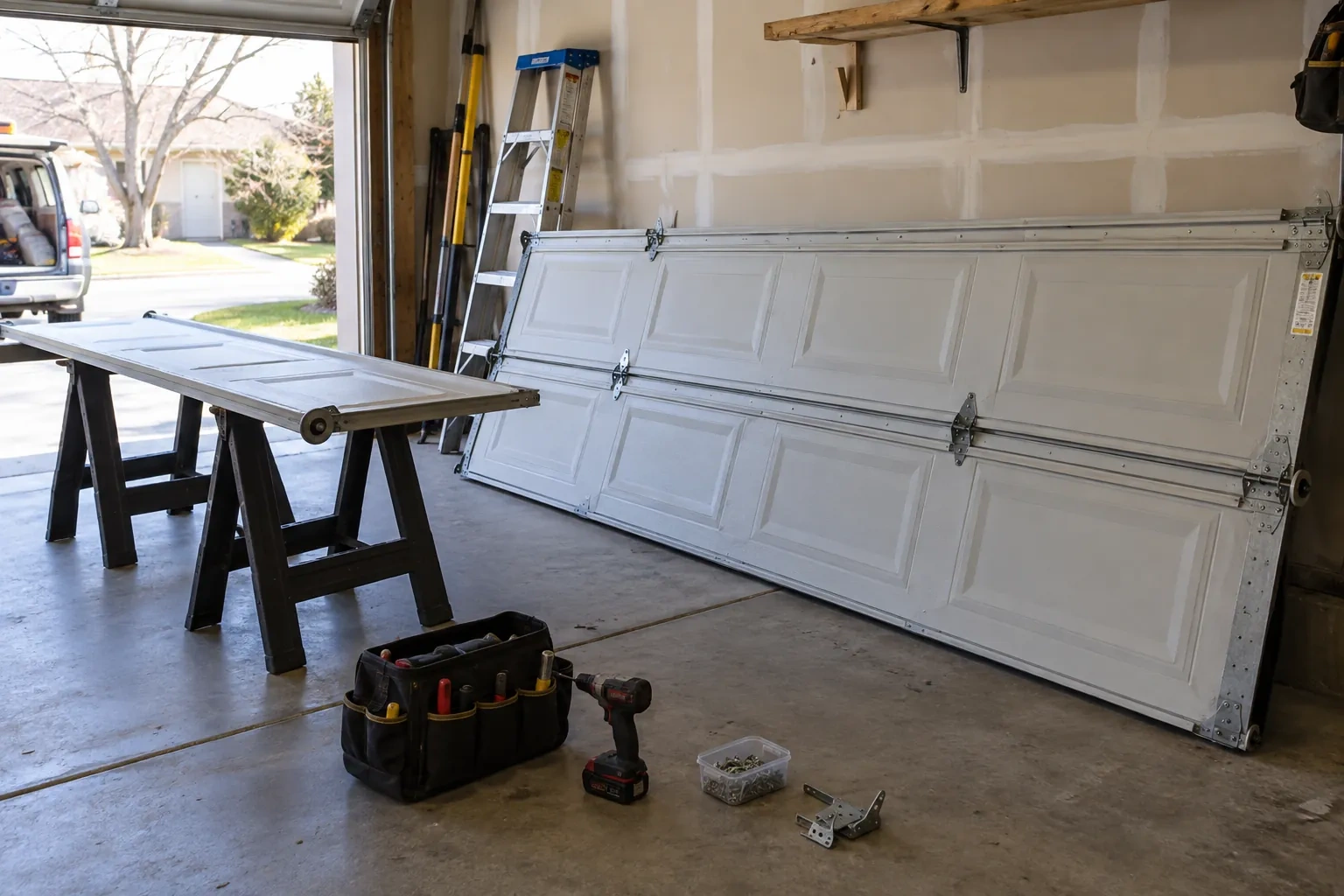 Paneled garage door leaning on its side against a wall, with one section on sawhorses and a tool bag on the floor. — Caledonia