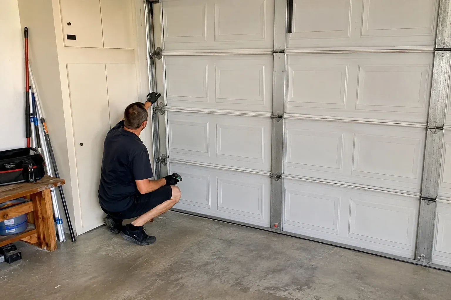 A person kneels beside the side track and hinges of a closed sectional garage door. — Garage Door Safety Inspection, Haldimand County