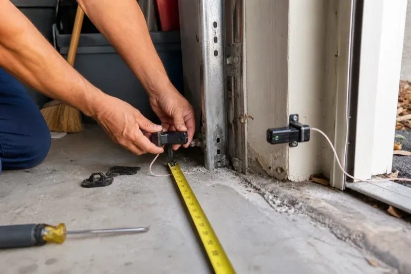 Hands holding a small wired device beside another mounted device and a tape measure at a garage-door opening — Photo-Eye Sensor Alignment or Replacement, Cayuga