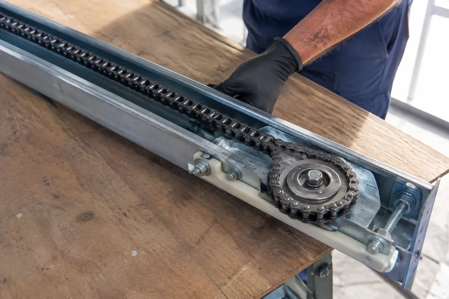 Gloved hand resting on a steel opener rail laid on a wooden bench, showing a drive chain looped around a sprocket wheel. — Chain-Drive Opener Repair, Cayuga