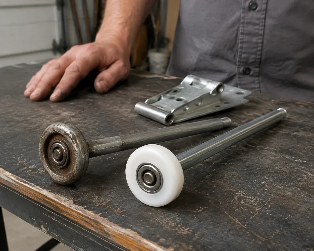 Steel and nylon garage-door rollers with long stems lie beside a detached hinge on a workbench. — Garage Door Roller Replacement, Haldimand County