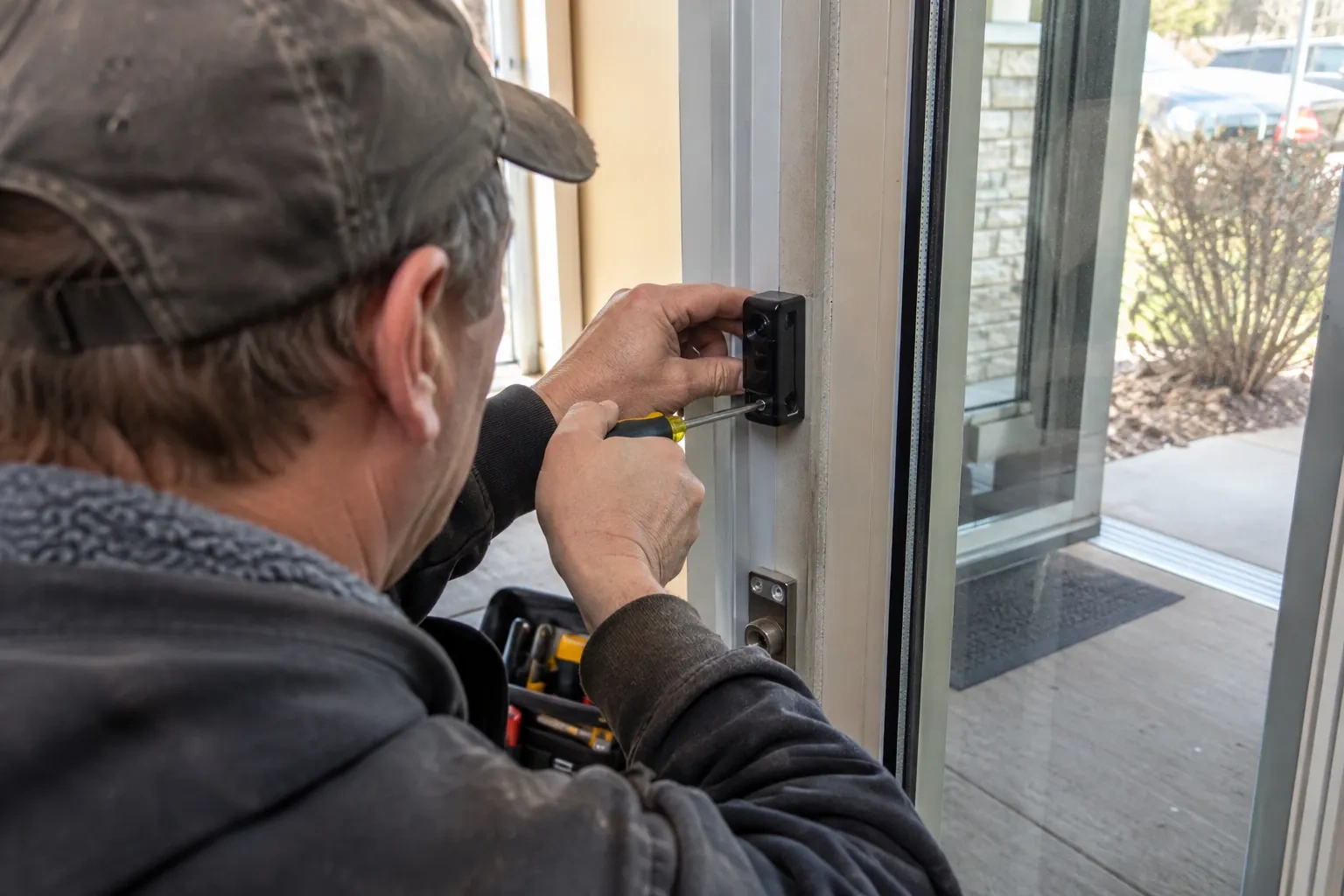Technician in a cap fastening a small black plastic housing to a white frame beside a glass door, with a screwdriver. — Caledonia