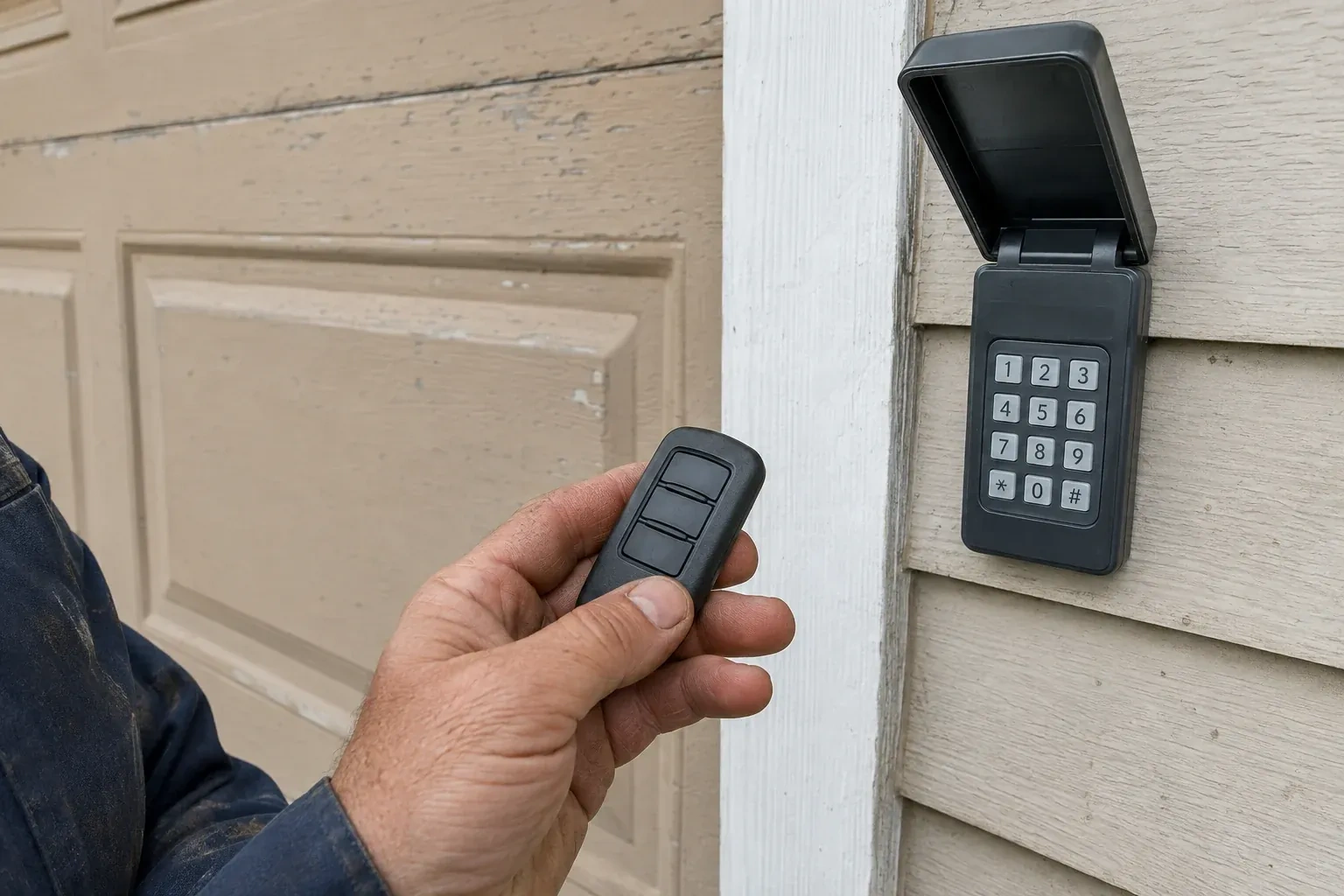A hand holds a three-button remote beside an exterior garage keypad with its cover open. — Garage Door Remote and Keypad Programming, Haldimand County