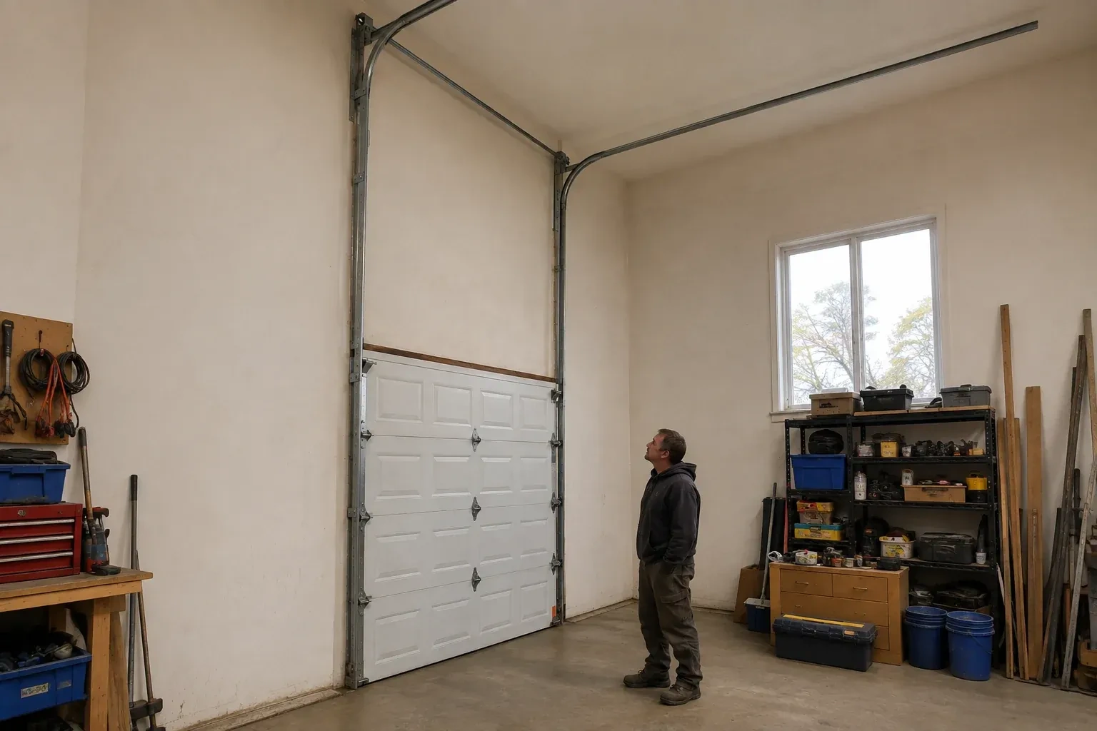 Vertical tracks extend above a closed garage door before curving near a high ceiling, while a person looks upward. — High-Lift Garage Door Conversion, Haldimand County