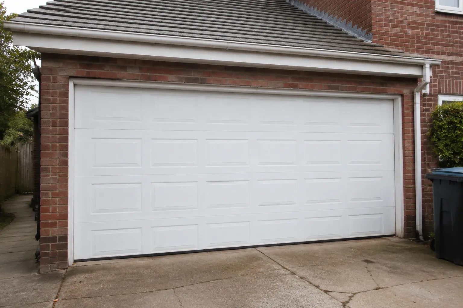 Closed white sectional garage door at an ordinary brick house. — Sectional Garage Door Replacement, Haldimand County